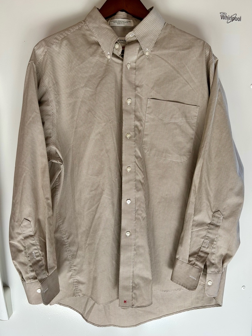 HATHAWAY WRINKLE FREE Men Shirt Size 17 34 Check Brown Front Pocket Button Down